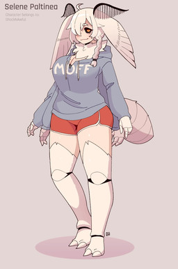 4_arms antennae_(anatomy) arthropod_abdomen big_breasts black_sclera bottomwear braided_hair breasts cleavage clothed clothing exoskeleton female hair looking_at_viewer markings mole_(marking) mole_on_breast multi_arm multi_limb neck_tuft orange_eyes shadow shorts simple_background smile smiling_at_viewer solo standing text text_on_clothing text_on_topwear thick_thighs topwear tuft white_hair low_res_art selene_paltinea animal_humanoid arthropod arthropod_humanoid humanoid insect insect_humanoid lepidopteran lepidopteran_humanoid moth_humanoid english_text hi_res model_sheet signature