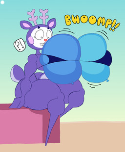 anthro antlers balloon balloon_breasts bar_emanata belly big_butt bikini bottom_heavy bra buckteeth butt clothing countershade_belly countershade_tail countershading curvy_figure emanata expansion eyelashes fake_breasts featureless_feet feet femboy fur heart_nose heart_symbol horn inflatable inflation interrobang logo looking_down makeup male onomatopoeia purple_body purple_fur sitting solo sound_effects speech_bubble swimwear tail teeth text thick_thighs thong_straps two-piece_swimsuit underwear wide_hips thatdawgmurray happy_tree_friends mime_(htf) deer mammal absurd_res aliasing artist_logo artist_name digital_media_(artwork) hi_res signature