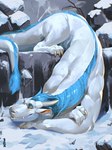 anthro blue_hair claws hair horn looking_at_viewer male outside scales smile snow solo tail tail_tuft tuft white_body white_scales yellow_eyes mystikfox61 asian_mythology east_asian_mythology mythology weredog_(company) dragon eastern_dragon mythological_creature mythological_scalie scalie 2021 hi_res