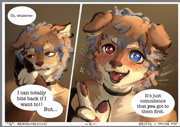 anthro blush blush_lines caressing_face claws comic_panel dialogue duo facial_piercing freckled_face freckles heterochromia male nose_piercing nose_ring ownership piercing prison prisoner ring_piercing sassy smile submissive text catachresticat brutus_(lilryryy) rylie_(lilryryy) canid canine mammal comic english_text