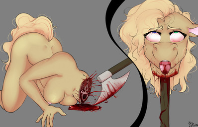 anthro areola ass_up axe blood blood_puddle bodily_fluids breasts corpse death decapitation female female_death fur gore gore_focus hair head_on_stake impalement nipples nude open_mouth severed_body_part severed_head simple_background snuff solo stake tail tongue tongue_out weapon mrs._stein equid equine horse mammal digital_media_(artwork)