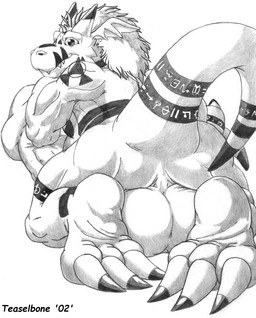 2_horns 3_toes anthro arm_markings backsack balls big_balls big_penis biped claws closed_smile dipstick_claws dipstick_horn erection facial_markings feet genitals glans hair head_markings horn huge_balls huge_penis humanoid_genitalia humanoid_penis hyper hyper_balls hyper_genitalia hyper_penis kneeling leg_markings looking_at_viewer looking_back looking_back_at_viewer male male_anthro markings missing_anus monotone_background mouth_closed multicolored_body multicolored_claws multicolored_horn muscular muscular_anthro muscular_male nude nude_anthro nude_male penis rear_view sharp_teeth shoulder_markings simple_background smile smiling_at_viewer solo tail tail_markings teeth text thigh_markings toe_claws toes white_background teaselbone bandai_namco digimon digimon_(species) growlmon 2002 artist_name full-length_portrait greyscale monochrome portrait traditional_media_(artwork)