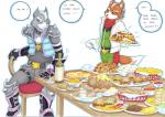 alcohol anthro beverage burger canid canine canis comic dialogue duo english_text fit_to_fat food fox fox_mccloud fries hot_dog male mammal marker_(artwork) nintendo pancake pizza prisonsuit-rabbitman shaded speech_bubble star_fox text traditional_media_(artwork) weight_gain wine wolf wolf_o'donnell