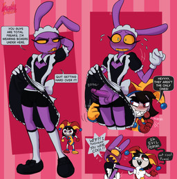 3_panel_comic anthro assisted_exposure balls blush blush_lines blushing_profusely bodily_fluids bouncing_penis bow_ribbon boxer_briefs cleavage_cutout clothed clothing clothing_lift cutout dialogue dress dress_lift duo erection eyelashes female genitals gloves grin handwear legwear looking_away maid_headdress maid_uniform nipples pantsing partially_clothed penis questionable_consent sharp_teeth smile speech_bubble stockings sweat sweatdrop sweating_profusely teeth text tongue tongue_out underwear underwear_down uniform white_clothing white_gloves white_handwear tw1nkd3m0n glitch_productions the_amazing_digital_circus evil_pomni_(tadc) jax_(tadc) humanoid lagomorph leporid mammal rabbit comic english_text