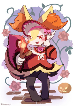 3_fingers 3_toes alternative_fashion ambiguous_gender anthro arm_tuft big_tail biped black_body black_fur blush blush_lines bonnet bottomless bottomless_ambiguous bottomless_anthro bow_ribbon cheek_tuft chest_tuft classic_lolita clothed clothing cute_fangs detailed_background digitigrade dress facial_tuft fangs feet fingers fire flat_chested flower fluffy fluffy_tail front_view fur furgonomics headgear headwear hip_tuft holding_object holidays inner_ear_fluff j-fashion jack-o'-lantern lolita_(fashion) looking_at_viewer multicolored_body multicolored_fur official_alternate_costume open_:3 open_mouth orange_body orange_eyes orange_fur orange_inner_ear_fluff outside partially_clothed_ambiguous partially_clothed_anthro paws pink_ribbon plant pointy_ears prick_ears red_clothing red_dress rose_(flower) shoulder_tuft solo standing star_polygon stick tail tail_clothing tapering_snout teeth toes tongue tuft twitter_handle vines white_body white_fur yellow_body yellow_fur yellow_tail chaco_(illustrattyako) halloween nintendo pokemon pokemon_cafe_remix braixen canid generation_6_pokemon mammal pokemon_(species) 2025 absurd_res cel_shading colored digital_drawing_(artwork) digital_media_(artwork) full-length_portrait hi_res japanese_description portrait shaded signature translated_description