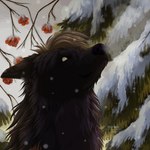 ambiguous_gender beady_eyes black_body black_fur black_nose breath brown_hair cheek_tuft facial_tuft feral fur hair mouth_closed neck_tuft outside plant short_hair snow snowing solo tree tuft msdeadsoul canid canine mammal 1:1 2022 dated hi_res