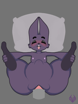 abdominal_bulge anthro bed bedroom black_arms black_legs blush bodily_fluids bottomless breasts clothed clothing disembodied_penis duo eyes_closed fat_rolls feet female fur furniture genitals grey_background holding_leg legs_up low-angle_view lying male male/female nipples nude offscreen_male on_back on_bed open_mouth penis pillow pink_nipples pink_vulva presenting presenting_vulva purple_body purple_fur simple_background slightly_chubby small_breasts smile soles solo_focus spread_legs spreading tears toes tongue tongue_out topless vulva worm's-eye_view @er11kart eriik_(character) bat felid feline mammal 2026 3:4 absurd_res hi_res