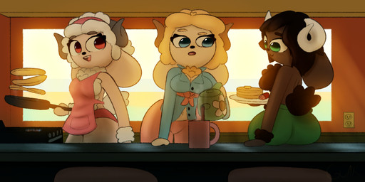 anthro appliance apron apron_only blonde_hair blue_eyes breast_tuft breasts butt cleavage clothed clothing coffee_mug cooking cookware countertop curved_horn dark_body dark_fur dark_hair featureless_breasts female flipping_pancake fluffy fluffy_tail food frying_pan fur golden_body green_eyes group hair holding_object horn kitchen_utensils meat pancake panties plate pouring_liquid rear_view red_eyes sausage sitting smile stove tail teapot text tired tools topless tuft underwear white_body white_fur window wool_(fur) yellow_body yellow_fur guak emma_(guak) ruth_(guak) zoey_(guak) bovid caprine mammal sheep 2:1 absurd_res hi_res