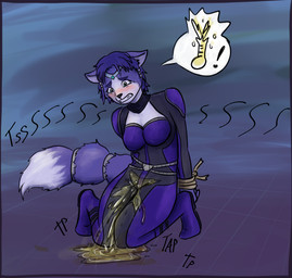 anthro bodily_fluids bound captured embarrassed female genital_fluids hands_tied omorashi one_piece_suit pee_desperation peed peeing solo spacesuit urine urine_on_ground urine_stream wetting jacquesrabbit nintendo star_fox krystal_(star_fox) alien canid canine cerinian fox mammal