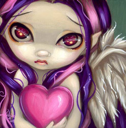 eyebrows eyeshadow feathered_wings feathers female hair heart_symbol highlights_(coloring) humanoid_pointy_ears lips long_hair looking_at_viewer makeup not_furry pink_hair pink_lips pointy_ears purple_hair simple_background solo wings jasmine_becket-griffith angel angel_humanoid cherub humanoid mammal winged_humanoid 2010 dated formal_art low_res painting_(artwork) traditional_media_(artwork) traditional_painting_(artwork)