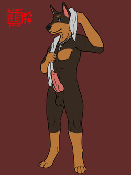 animal_genitalia anthro balls barefoot biped chain cross cross_necklace erection feet fur genitals jewelry knot male muscular muscular_anthro muscular_male necklace nude pecs penis pose seductive simple_background smile solo standing towel towel_around_neck xoloitz canid canine canis dobermann domestic_dog mammal pinscher 2014 3:4 hi_res pinup