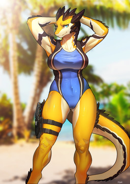 anthro big_breasts black_body black_scales blue_eyes blurred_background breasts camel_toe clothing combat_knife eyelashes female gun hands_behind_head holster horn knife one-piece_swimsuit outside ranged_weapon scales solo standing swimwear tan_body tan_scales weapon yellow_body yellow_scales pgm300 lizard reptile scalie absurd_res digital_media_(artwork) hi_res shaded