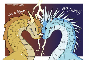 angry black_sclera blue_body blue_scales brown_body brown_scales dialogue duo electricity facial_scar feral foreheads_touching gradient_background head_spikes horn lightning long_neck looking_at_another male nose_spike scales scar sharp_teeth simple_background snout spikes spikes_(anatomy) teeth text darkenstardragon mythology wings_of_fire qibli_(wof) winter_(wof) dragon icewing_(wof) mythological_creature mythological_scalie sandwing_(wof) scalie 2019 dated english_text