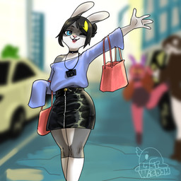 ambiguous_gender anthro bare_shoulders blue_eyes blurred_background bottomwear camera city clothed clothing crossdressing femboy fur gesture grey_body grey_fur male shopping_bag skirt solo waving lostwisdom lagomorph leporid mammal rabbit 1:1 hi_res