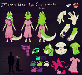 4_toes 5_fingers anthro black_nose blood blush bodily_fluids bow_ribbon breasts chart claws clothed clothing dress dwarfism eyeshadow feet female fingers fur fur_markings green_body green_eyes green_fur hair height_chart humanoid_hands looking_at_viewer makeup markings multicolored_body multicolored_fur open_mouth pawpads paws ribbons scar scarf shortstack simple_background smile solo standing tail text toes tongue two_tone_body two_tone_fur white_body white_fur e-01 zero_one canid canine canis mammal wolf zerian_(species) absurd_res digital_media_(artwork) english_text hi_res model_sheet
