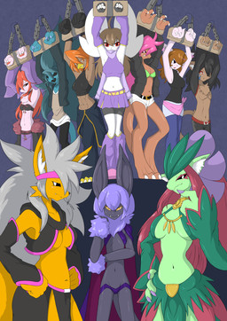 abs anthro bdsm bikini bikini_top black_sclera bondage bottomwear bound breasts chain cleavage clothed clothed_anthro clothed_female clothing crop_top female female_anthro fully_clothed fully_clothed_anthro fully_clothed_female group hands_above_head hands_tied male male_anthro midriff navel shirt shirtless shirtless_anthro shirtless_female skimpy skirt spats stress_position swimwear tight_clothing topless topless_anthro topless_male topwear two-piece_swimsuit gendoempertags amilina avian bird canid canine domestic_cat felid feline felis fox lagomorph leporid mammal rabbit hi_res
