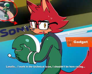 4_fingers anthro armor black_nose bodily_fluids clothed clothed_anthro clothed_male clothing dialogue eyewear fangs fingers fur glasses gloves handwear headgear helmet holding_armor holding_headgear holding_helmet holding_object humanoid_hands male racing_suit red_body red_fur solo sweat tail teeth text tongue wearing_glasses quavernsfw sega sonic_forces sonic_racing:_crossworlds sonic_the_hedgehog_(series) custom_character_(sonic_forces) gadget_the_wolf canid canine canis mammal wolf 5:4 english_text hi_res reference_image