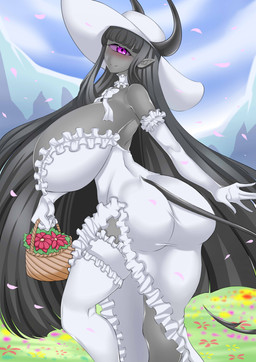 basket big_breasts blush breasts butt clothing container dress female flower grey_body grey_skin hair hat headgear headwear huge_breasts hyper hyper_breasts legwear long_hair looking_back meadow not_furry plant rear_view solo thigh_highs white_clothing white_dress questzer cyclops demon demon_humanoid humanoid absurd_res hi_res