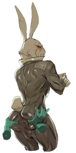 ambiguous_gender angry annoyed anthro anus anus_outline backsack balls black_latex blush butt butt_grab clothing crossed_arms disembodied_hand embarrassed frown genitals hand_on_butt latex latex_clothing latex_skinsuit male male/ambiguous male_anthro muscular muscular_anthro muscular_male rear_view red_eyes scowl simple_background skinsuit solo spread_butt spreading suit thick_thighs tight_clothing white_background white_body concosive devil_may_cry_(netflix) white_rabbit_(dmc) lagomorph leporid mammal rabbit absurd_res hi_res