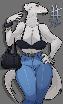 anthro belt bottomwear bracelet breasts chest_tuft clothing denim denim_bottomwear denim_clothing eyebrows female floppy_ears fluffy fluffy_tail freckles grey_eyes hand_on_hip jeans jewelry lips long_neck long_tail nails neck_tuft pants purse solo tail thick_eyebrows thick_lips topwear tuft wristband zzzilart borzoi canid canine canis domestic_dog hunting_dog mammal sighthound absurd_res hi_res