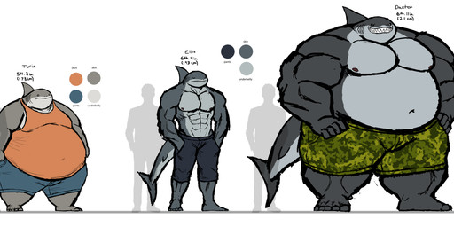 abs anthro barefoot belly big_belly bottomwear camo camo_clothing camo_print clothed clothing feet group hands_in_both_pockets hands_on_hips huge_belly male moobs muscular muscular_anthro muscular_arms muscular_legs muscular_male navel nipples obese obese_anthro obese_male overweight overweight_anthro overweight_male pattern_clothing pecs shirt shorts silhouette simple_background size_difference smile standing tail tank_top text topless topwear trio comerboy75 daxton_montana_(comerboy75) ellis_montana_(comerboy75) turin_montana aquatic fish human mammal shark 2025 english_text hi_res model_sheet brother_(lore) brothers_(lore) sibling_(lore)