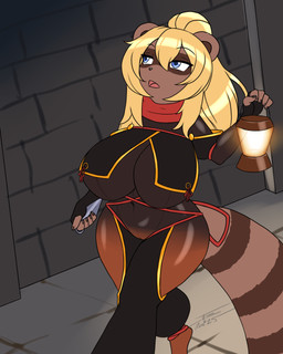 anthro big_breasts breasts camel_toe dungeon female huge_breasts kunai lamp lantern slightly_chubby slightly_chubby_anthro slightly_chubby_female thick_thighs under_boob walking weapon wide_hips furball koshu canid canine mammal raccoon_dog tanuki 2025 hi_res