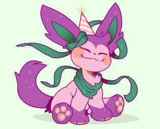 ambiguous_gender clothing eyes_closed feral fur green_inner_ear green_scarf hat headgear headwear multicolored_body multicolored_fur party_hat pawpads pink_body pink_fur pink_pawpads purple_body purple_fur scarf simple_background sitting smile solo two_tone_body two_tone_fur backsash nintendo pokemon lips_(soursylveon) eeveelution generation_6_pokemon pokemon_(species) sylveon digital_media_(artwork)