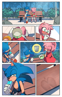 anthro bench blue_body blush bodily_fluids boots bracelet butt clothing container cup dessert dress duo female food footwear gloves green_eyes handwear ice_cream jewelry male pink_body popsicle shoes sitting sweat sweaty_butt trash_can hotline_yatuzi sega sonic_the_hedgehog_(series) amy_rose sonic_the_hedgehog eulipotyphlan hedgehog mammal absurd_res comic hi_res
