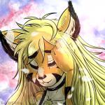 abstract_background anthro blonde_hair eyes_closed facial_markings female fur hair head_markings lens_flare long_hair markings multicolored_body multicolored_fur solo two_tone_body two_tone_fur sharperit sady felid feline mammal 1:1 hi_res portrait