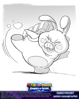 action_pose ambiguous_gender anthro belly big_cheeks buckteeth carrying_another cheek_spots chubby_cheeks copyright_symbol double_chin duo eyes_closed featureless_crotch featureless_feet feet fur furrowed_eyebrows grey_background grey_body grey_skin long_ears male male_anthro mitten_hands motion_lines multicolored_body nude_anthro nude_male obese obese_anthro obese_male on_one_leg open_mouth open_smile overweight overweight_anthro overweight_male pose simple_background smile smoke snout standing symbol teeth text thin_eyebrows title tongue two_tone_body white_body white_fur white_tongue year fabio_pochet mario_bros mario_plus_rabbids_sparks_of_hope nintendo raving_rabbids rayman_(series) ubisoft lagomorph mammal rabbid squasher_(mario_plus_rabbids) suid suine thwomp 2022 4:5 absurd_res artist_name concept_art digital_drawing_(artwork) digital_media_(artwork) english_description english_text greyscale hi_res monochrome official_art shaded