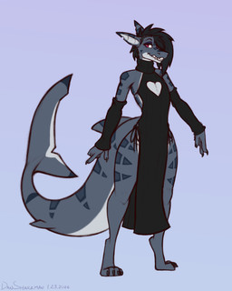 anthro arm_warmers armwear black_hair cleavage_cutout clothing cutout digitigrade dress grey_body hair humanoid_hands looking_at_viewer male notched_ear red_eyes smile smiling_at_viewer solo dansharkman meme_clothing zane_(dansharkman) fish marine shark 2026 digital_drawing_(artwork) digital_media_(artwork) english_description hi_res meme trans_(lore) trans_man_(lore)