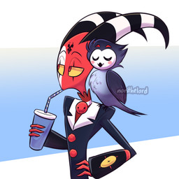 beak bendy_straw black_body black_clothing black_feathers black_suit blush blush_stickers carrying_another clothed clothing container cup disposable_cup drinking drinking_straw duo eyes_closed feathers feral feralized fluffy fluffy_chest forehead_tattoo geometric_background grey_body grey_feathers hand_on_hip holding_container holding_object horn male markings on_shoulder red_body red_eyes red_skin simple_background striped_horn stripes suit tail tail_feathers white_face white_markings wings yellow_sclera norithelord hellaverse helluva_boss blitzo_(helluva_boss) stolas_(helluva_boss) avian avian_demon bird demon humanoid imp owl owl_demon 1:1 2021