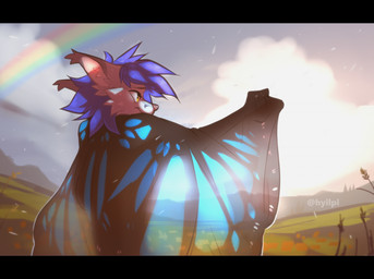 ambiguous_gender anthro black_bars day detailed_background hair outside purple_hair sky solo sun hyilpi gabriel_serealia avian canid canine fox hybrid mammal 2021 digital_media_(artwork)