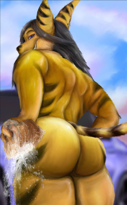 5_fingers anthro back_muscles bathing black_body black_fur black_hair black_nose black_stripes blurred_background butt butt_pose car_wash day eyebrows fingers fur grin hair holding_object long_hair looking_at_viewer looking_back looking_down low-angle_view male muscular muscular_anthro muscular_male nude pose purple_eyes sky smile solo sponge standing stripes teeth water yellow_body yellow_fur killianwalker ratchet_and_clank sony_corporation sony_interactive_entertainment eric_(ericthelombax) lombax mammal 2017 hi_res portrait three-quarter_portrait