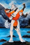 anthro duo fur male male/male mountain river romantic romantic_couple white_body white_fur eleweth shadel_fox wolfdog_whitewolf canid canine canis fox mammal red_fox true_fox wolf