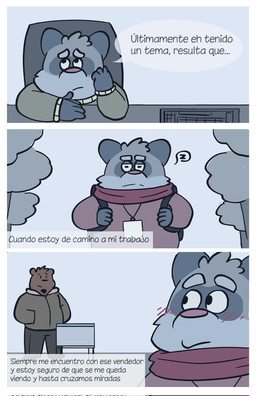 anthro blush bottomwear clothing duo humanoid_hands outside pants plant scarf sweater text three_frame_image topwear tree walking luisalbertoguz bear mammal procyonid raccoon 2022 comic digital_media_(artwork) hi_res spanish_text translated
