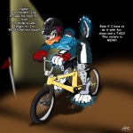 anthro bicycle biped bmx clothing cycling extreme_sports footwear gloves handwear male paws race shoes solo tail text transformation vehicle catmonkshiro thrash thrashwolf canid canine canis mammal wolf 1:1 2012 english_text