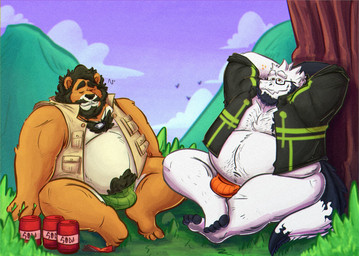 anthro beard belly big_belly bulge can clothing container duo eyes_closed eyewear facial_hair fur glasses male mountain mustache overweight overweight_male plant sitting tree underwear white_body white_fur 06junior11 felid lion mammal pantherine 2025 hi_res