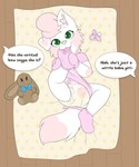 age_regression anthro baby baby_bonnet bodily_fluids booties changing_mat clothed clothing dialogue diaper feet female foot_fetish foot_in_mouth foot_on_mouth foot_play foot_suck fur genital_fluids green_eyes hair heart_(marking) looking_at_viewer lying markings multicolored_body multicolored_fur on_back on_ground pacifier pantsless pink_body pink_clothing pink_fur pink_hair pink_shirt pink_topwear plushie shirt solo sucking topwear touching_foot two_tone_body two_tone_fur unclean_diaper urine used_diaper wet_diaper white_body white_fur young bunana canid canine mammal hi_res