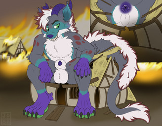 animal_genitalia anthro anus balls blue_body blue_fur butt_crush city_destruction cruel_pred destruction fire fur genitals green_eyes grey_body grey_fur hair horn looking_back macro male markings medieval purple_anus purple_body purple_fur rampage red_hair sheath smile solo spots spotted_body village white_hair joooon mythology lyonel_(lyonelhy) dragon hybrid hyena mammal mythological_creature mythological_scalie scalie hi_res