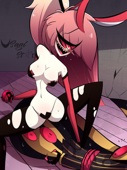 1_eye anthro blonde_hair breasts claws clothed clothing dominant dominant_female duo faceless_character faceless_male fangs female furniture hair imminent_sex interspecies male male/female open_mouth open_smile partially_clothed pink_hair smile tape teeth thick_thighs tongue white_body x_eyes usagi_star hazbin_hotel hellaverse cherri_bomb_(hazbin_hotel) sir_pentious_(hazbin_hotel) cyclops demon demon_humanoid humanoid reptile scalie snake 3:4 hi_res