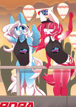 anthro barbell_piercing breasts cartoon_freckles clothing drag_race duo feathered_wings feathers female freckled_face freckles hair hat headgear headwear nipple_piercing nipples outside piercing racing shirt simple_background t-shirt tail text topwear wings chapaevv mythology cherry_pop fan_character icy_heart equid equine mammal mythological_creature mythological_equine pegasus absurd_res digital_media_(artwork) english_text hi_res