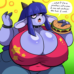 anthro bangs belly big_breasts black_eyeshadow blunt_bangs bottomwear breasts burger claws cleavage clothed clothing collar curvy_figure denim denim_bottomwear denim_clothing dialogue eating eyeshadow fangs female finger_claws food glistening glistening_breasts gradient_background green_background hair half-closed_eyes hime_cut horn huge_breasts huge_thighs jeans looking_at_viewer makeup mascara narrowed_eyes nipple_outline overweight overweight_anthro overweight_female pants pink_eyes profanity purple_hair red_clothing red_shirt red_topwear shirt simple_background solo speech_bubble spiked_collar spikes talking_to_viewer teeth text thick_thighs topwear voluptuous wide_hips wristband yellow_background grepstrash european_mythology greek_mythology mythology mia_(grepstrash) bovid bovine cattle mammal minotaur 1:1 2021 absurd_res english_text half-length_portrait hi_res portrait