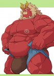 2_horns anthro beard big_bulge big_pecs bulge clothed clothing facial_hair horn male musclegut muscular muscular_humanoid muscular_male nipples overweight overweight_male pecs red_body red_skin solo underwear othukimi tight_pants_(meme) gardie_(otukimi) demon humanoid mammal hi_res meme