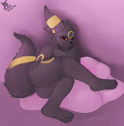 anthro butt female fluffy fluffy_tail hand_on_butt looking_at_viewer nude pillow pokemorph solo tail skillyfur nintendo pokemon eeveelution generation_2_pokemon pokemon_(species) umbreon hi_res