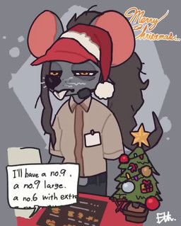 anthro buckteeth christmas_tree clothed clothed_anthro clothed_female clothing electronics fast_food_employee fast_food_uniform female female_anthro fur hair half-closed_eyes headgear headphones headset holidays music narrowed_eyes offscreen_character plant solo teeth text tree whiskers el-k sound_warning big_smoke's_order christmas mariah_carey ratricia_(el-k) mammal mouse murid murine rodent 2025 animated digital_media_(artwork) english_text short_playtime sound subtle_animation webm
