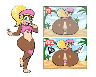 5_fingers anal anal_penetration anthro big_butt biped black_eyebrows blonde_hair blush bottomless bottomless_anthro bottomless_female brown_body brown_fur butt buttplug buttplug_in_ass buttplug_insertion clothed clothed_anthro clothed_female clothing cloud day eyebrows eyelashes feet female fingers fur genitals gesture glistening glistening_butt glistening_eyes green_eyes hair hand_gesture hat headgear headwear huge_butt looking_at_viewer looking_back multicolored_body multicolored_fur navel object_in_ass one_eye_closed open_mouth open_smile outside palm_tree penetration pink_clothing pink_hat pink_headwear pink_shirt pink_topwear plant plug_(sex_toy) plug_insertion rear_view sex_toy sex_toy_in_ass sex_toy_insertion shirt smile solo switch_logo tan_body tan_fur teeth thick_thighs tied_shirt toes tongue tongue_showing topwear tree two_tone_body two_tone_fur v_sign vulva wink winking_at_viewer lovetopullmicke donkey_kong_(series) nintendo nintendo_switch dixie_kong kong mammal primate 2026 absurd_res digital_media_(artwork) hi_res