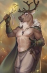 5_fingers abs anthro antlers armor bandage belt biceps blue_eyes bottomwear brown_body brown_fur bulge cape clothed clothing dagger ear_piercing feathers fingers fur gauntlets gloves handwear holding_object horn jewelry looking_at_viewer magic male melee_weapon muscular muscular_anthro muscular_male necklace nipples pants piercing ring smile solo staff standing teeth weapon white_body white_fur yulliandress deer mammal new_world_deer reindeer 2017 digital_media_(artwork)