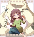 anthro blush brown_hair clothing dress duo female fur hair hair_over_eyes male pawpads purple_eyes size_difference yellow_body yellow_fur haruka_kd bandai_namco digimon digimon_ghost_game ruri_tsukiyono angoramon digimon_(species) human mammal