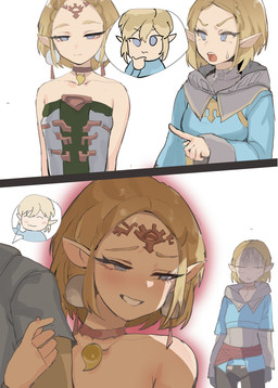 blonde_hair blue_clothing blue_topwear bodily_fluids clothed clothing crown dress ear_piercing eyelashes female gesture green_clothing green_dress grey_clothing grey_dress group hair hand_gesture headgear hug humanoid_pointy_ears jewelry looking_at_another male narrowed_eyes necklace not_furry open_mouth piercing pointing pointing_at_another pointy_ears simple_background smile smug sweat sweatdrop tiara topwear trio white_background k8on nintendo tears_of_the_kingdom the_legend_of_zelda link princess_zelda humanoid hylian absurd_res hi_res